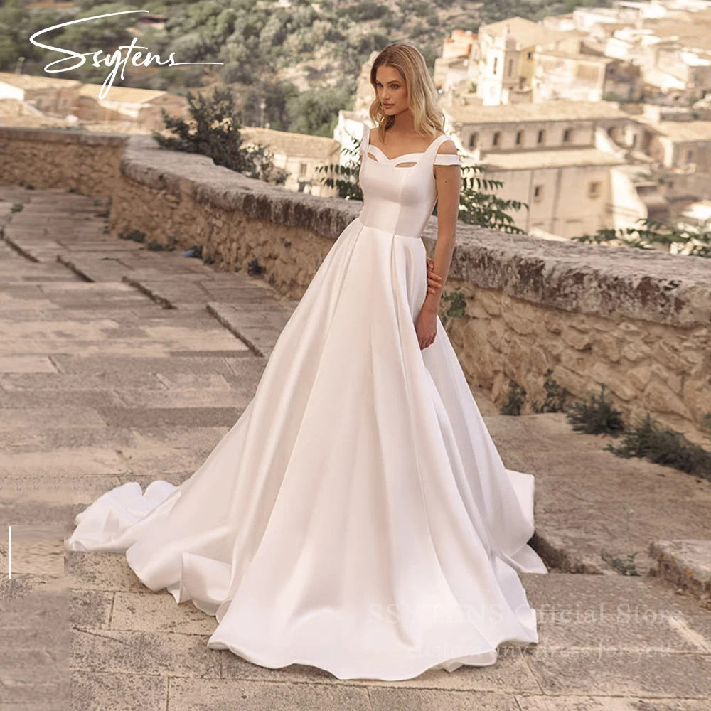 SSYTENS vestido de novia blanco sin mangas, traje largo de princesa Civil, hombros descubiertos, elegante, hecho A medida