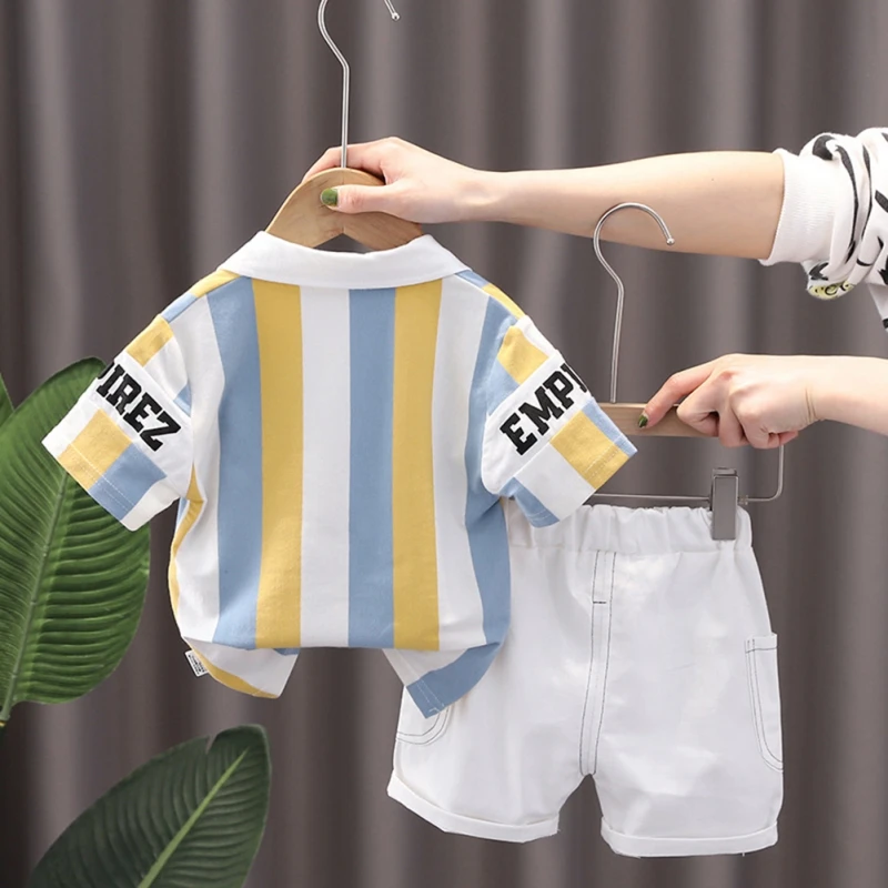 Boys Summer Pure Suit New Style Short Sleeve Shorts Cotton Two-Piece Children\'s Striped Handsome Summer Children\'s Suit