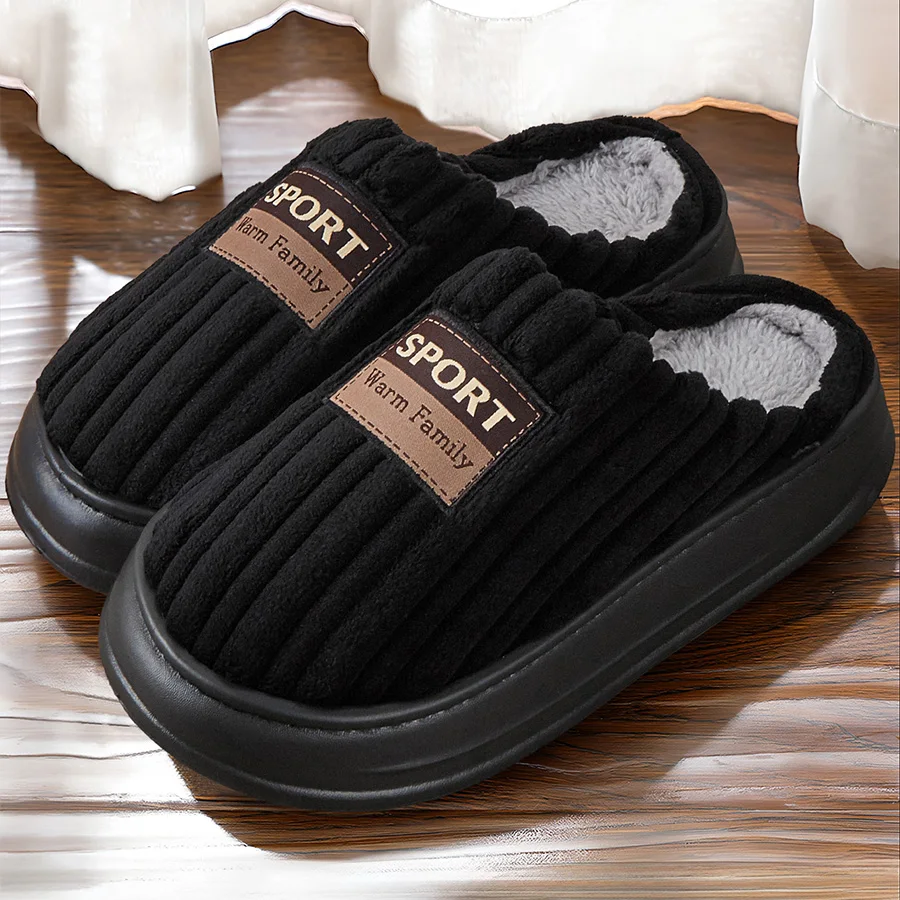 Herren-Hausschuhe aus Wildleder mit dicker Sohle, EVA-Sohle, Memory-Schaum, Baumwolle, warm, weich, gestreift, bequeme Indoor-Schuhe – Detail 4