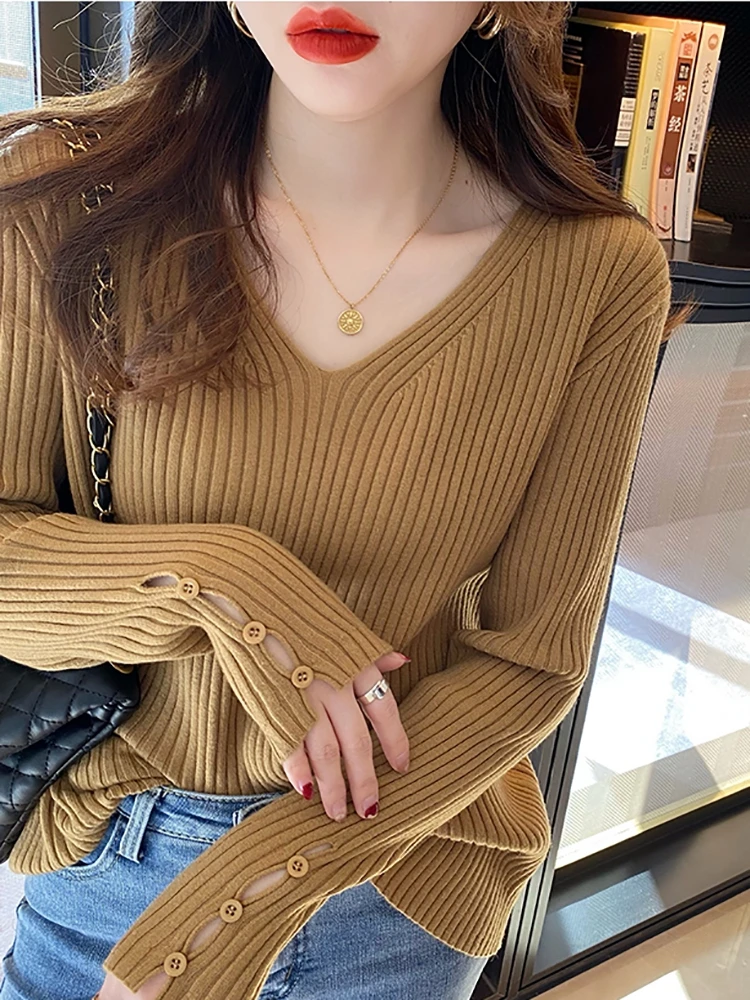 Autumn Winter Women Sweaters Long Sleeve Knitted V Neck Button Pullover Sweater Femme Basic Solid Jersey Tops Fashion Clothes