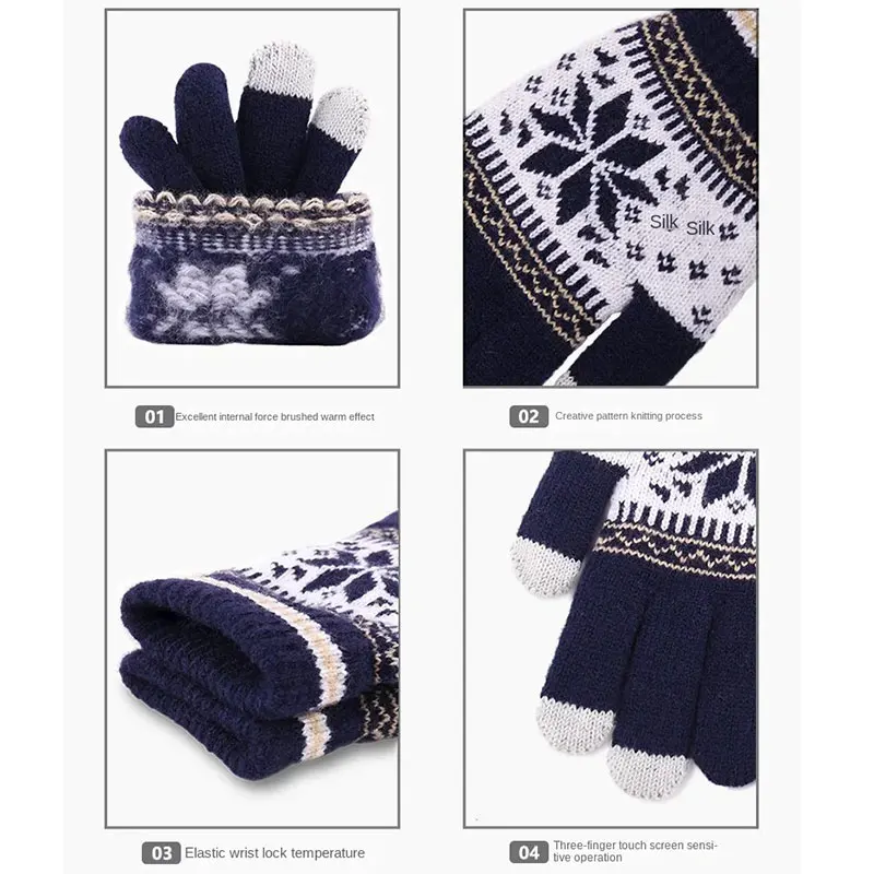 Moda inverno luvas quentes mulheres homens estiramento de malha floco de neve dedo cheio guantees unisex luvas grossas tela toque