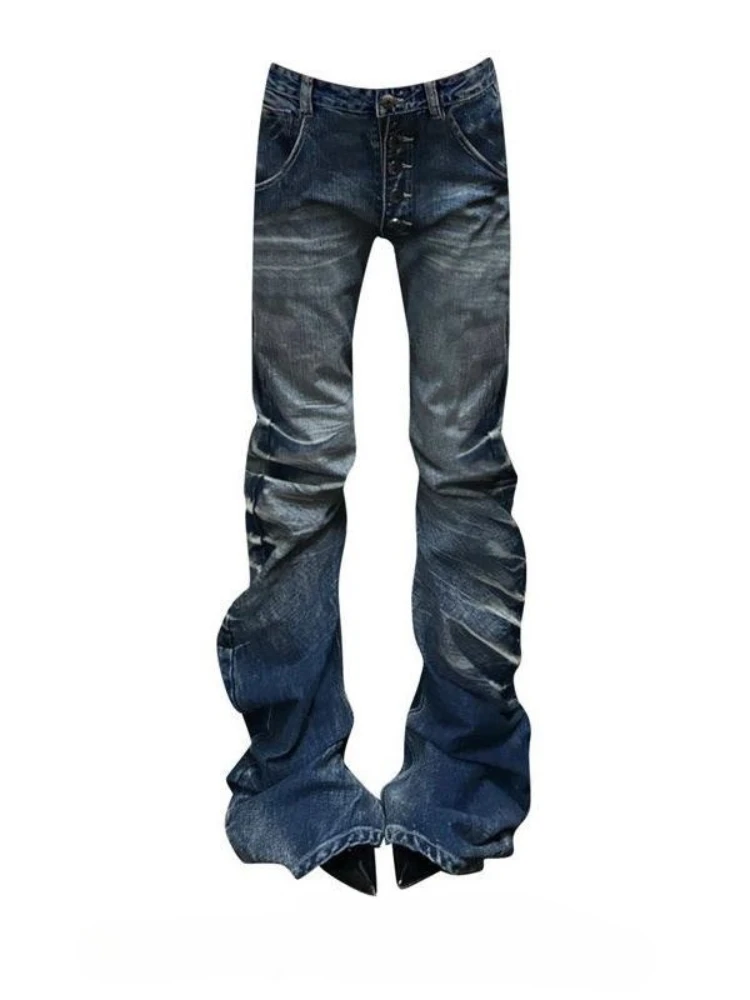 

Y2k американские винтажные джинсы с вырезом, уличная одежда, длинная длина, потертая субкультура, джинсовая тонкая молния в стиле панк, со средней талией, осень 202, осень