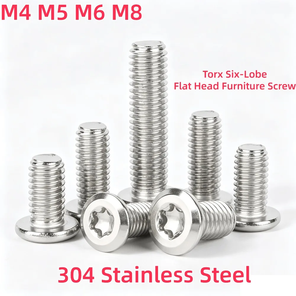 Premium 304 Stainless Steel Torx Six-Lobe Bolts M4-M8, Bevelled Large Flat Head Anti-Theft Screws for Wood Furniture Connection