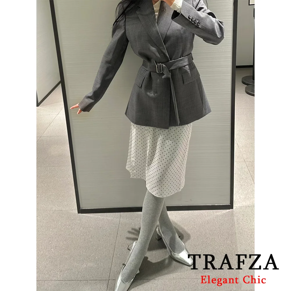 TRAFZA-Elegante Blazer Cinza de Escritório Feminino, Bolso de Lapela, Monocromático, Commuter, Dinheiro Velho, Nova Moda, Cinto, Primavera, Outono, 2022