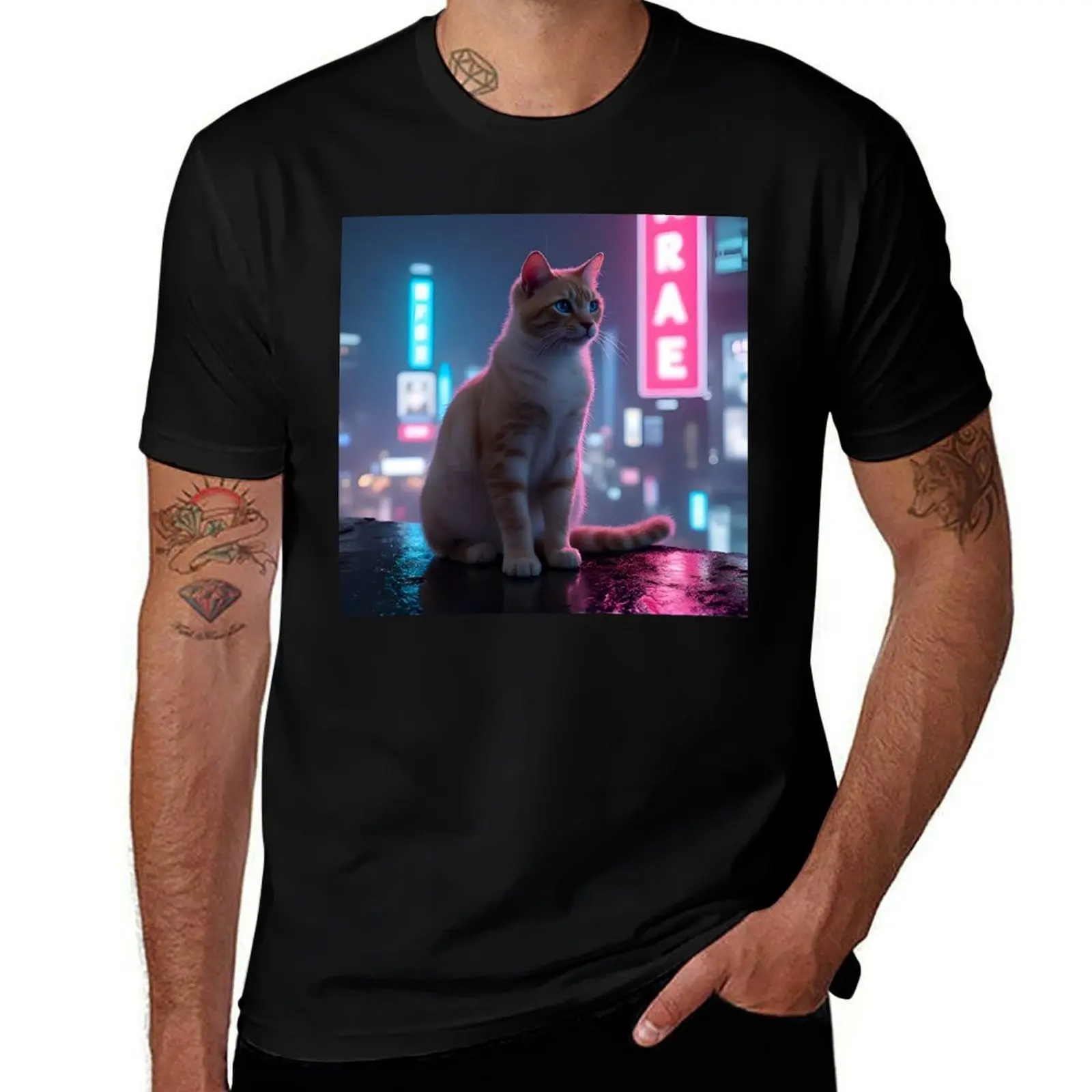 

Cyberpunk Cat - Neon Night Series T-Shirt blue lock graphic t shirts oversized shirts graphic tee men