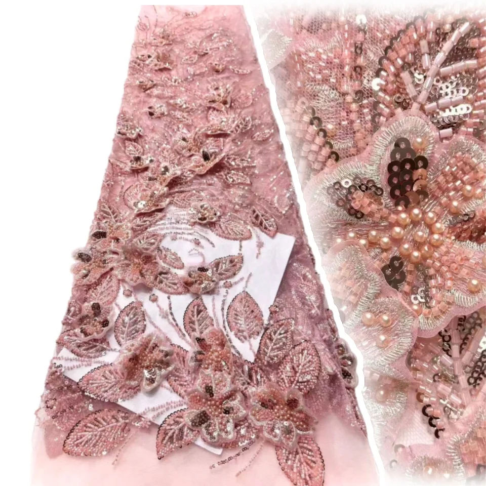 

2025 Fashion Wedding Dress Sewing Orange French Sequin Tulle Lace Fabric High Quality African Nigerian Beaded Lace Fabric TP1655