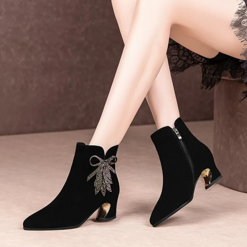 Ankle Booties for Women Chunky Heel Flowers Rhinestone Leather Boots Comfy Winter Shoes Side Zipper Walking Boots