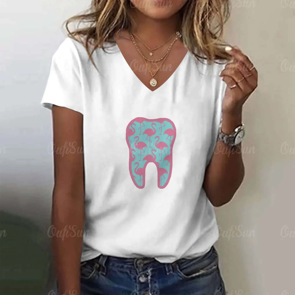 Tooth And Dentist Graphic Aesthetic Women Funny Print Ladies T-Shirt Girl Y2k Harajuku Basis V-Neck White Shirt Short Tops