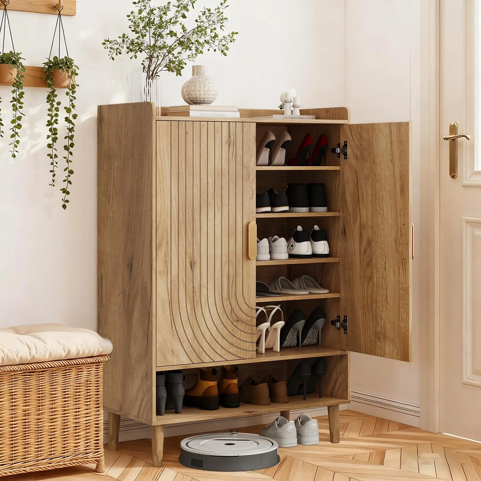 Oak Shoe Cabinet with Line Groove Design, 6-Tier Shoe Storage Cabinet with Adjustable Shelves, Freestanding Shoe