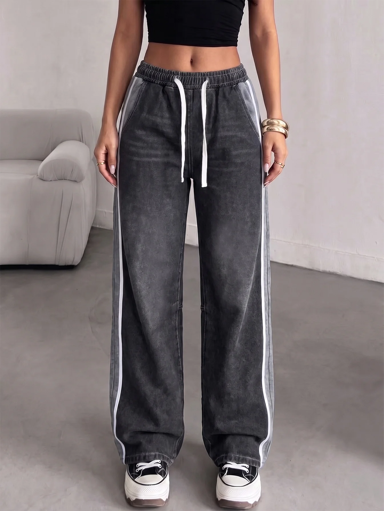 Women Vintage Washed Black Gray Wide Leg Jeans Elastic Drawstring Waist Side Stripe Patchwork Baggy Denim Pants Casual Streetwea