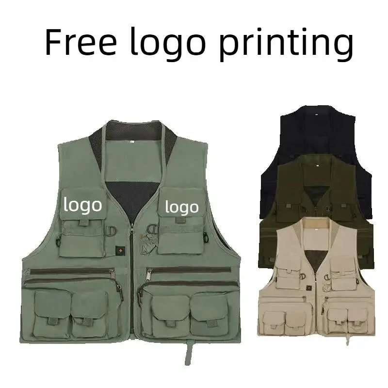 Men's Hunting Vest Logo Safety Working Fishing Shooting Red Tactical Vest Multi Pocket Photography Waistcoat Clothing