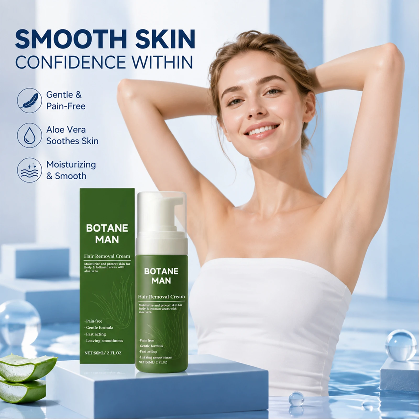 Gentle fast-acting hair removal mousse Natural aloe vera painless foam remover for face and body Moisturizes smooths skin