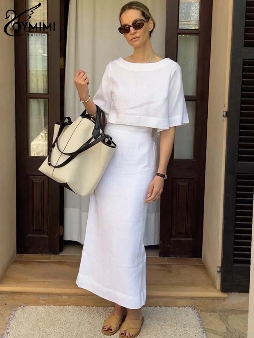 Oymimi Casual White Cotton Sets For Women 2 Pieces Fashion O-Neck Half Sleeve Crop Tops And High Waisted Straight Skirts Sets