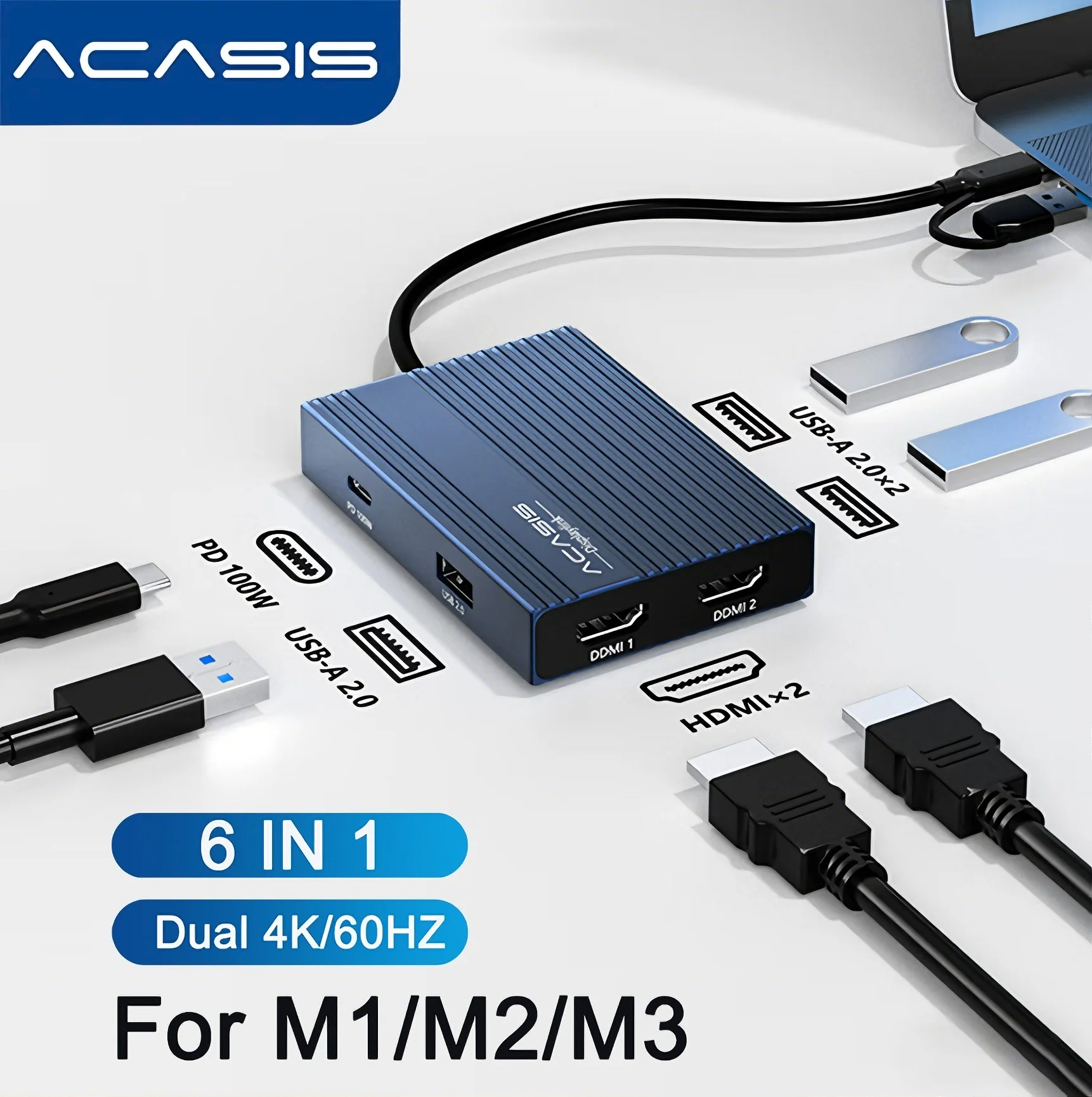 Acasis 6-IN-1 Displaylink Docking Station USB C to HDMI Display Adapter Dual 4K/60HZ PD 100W Output for Mac M1/M2/M3/Windows