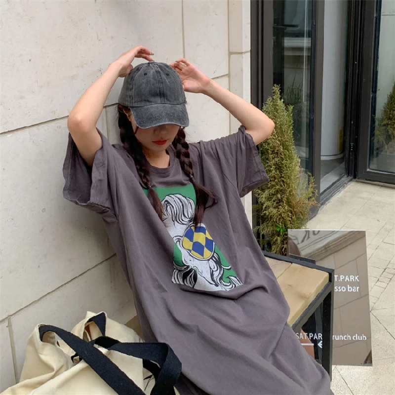 Abito t-shirt a maniche corte larghe Abito estivo da donna Nuovo stile Taglie forti Copri pancia Abiti a mezza manica soprabito a metà polpaccio