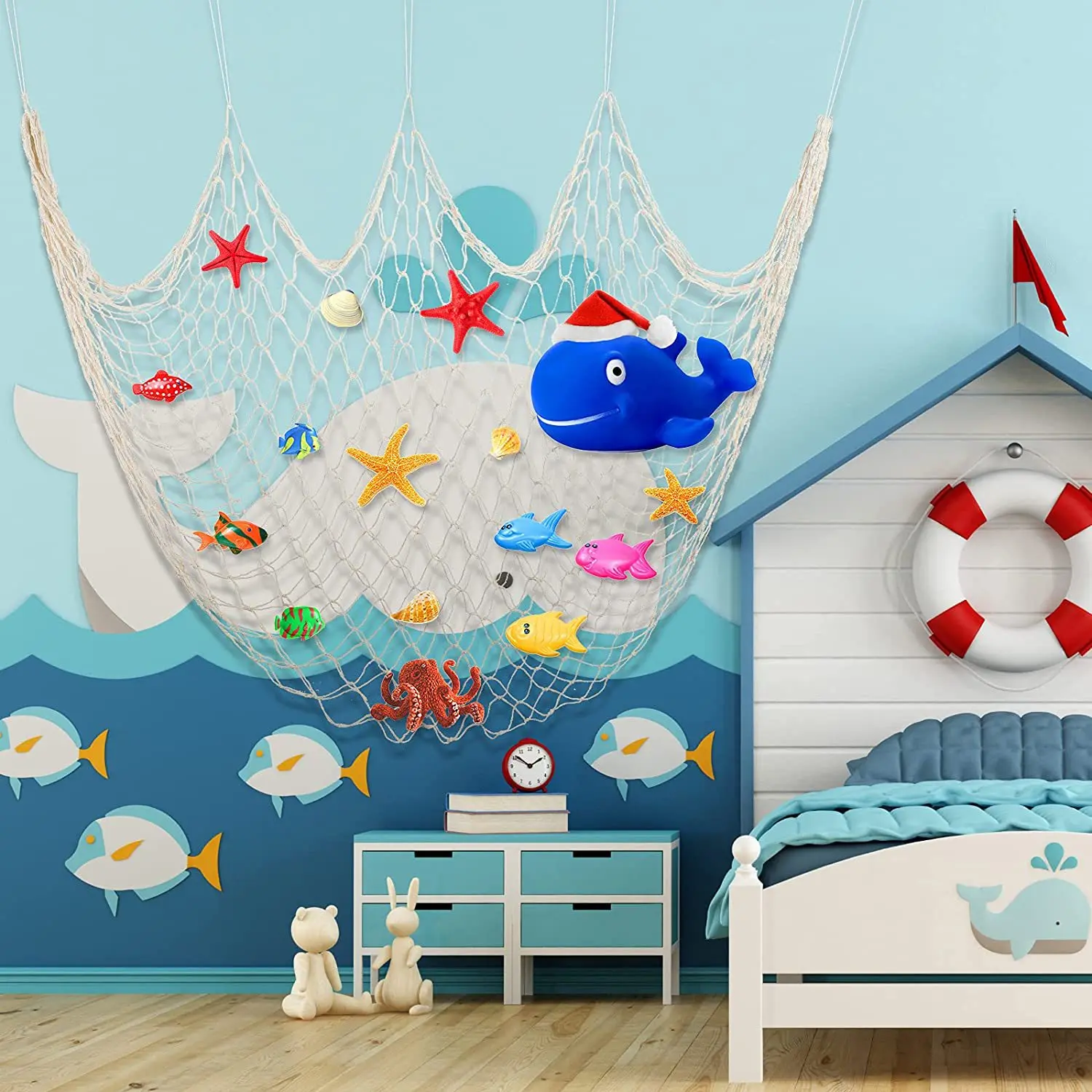 2 Pcs Fish Net Wall Decoration Nautical Fishing Net for Seaside Beach Theme Party