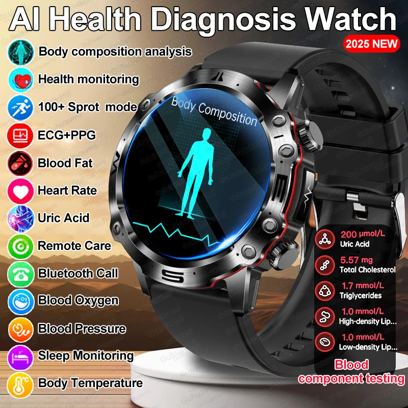 Новинка 2025 года, умные часы с обнаружением компонентов мочевой кислоты, AI, диагностика здоровья, мужской ЭКГ + PPG, фитнес-трекер, спортивный умный браслет