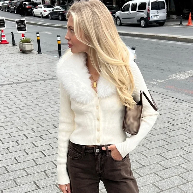 

White Wool Cardigan Women's Winter New Slim Fleece Patchwork Coats Fashion Office Lady Streetwear Female Sweater Jacket