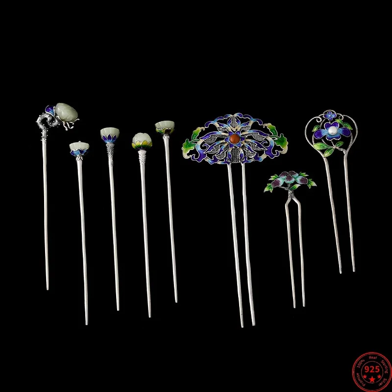 

Женские шпильки для волос из серебра S925 пробы, новые модные шпильки для волос с жемчугом, Агатом, перегородчатыми цветами, аксессуары для волос, Оптовая продажа