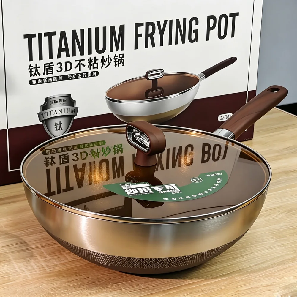 32cm Titanium Coated Non Stick Deep Wok with Lid, Non Stick Frying Pan, Induction Compatible Wok, Stainless Steel Wok