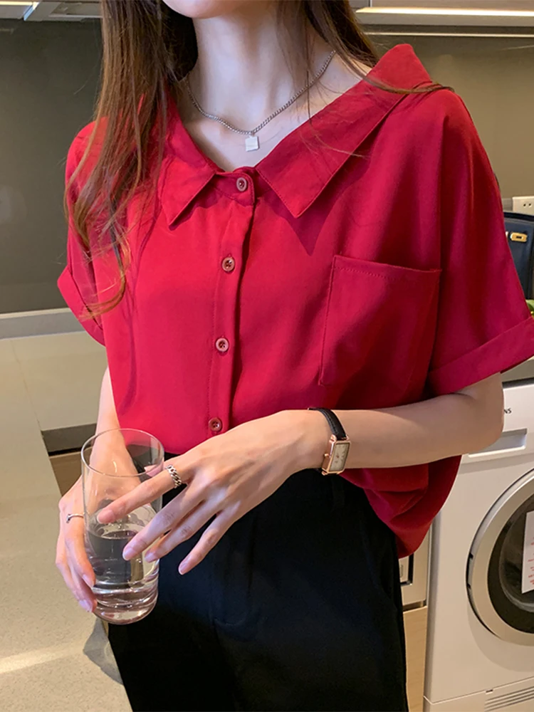 

Красная женская рубашка с коротким рукавом, летняя тонкая шифоновая рубашка с уникальным воротником-стойкой, белая рубашка в корейском стиле, однотонная, весна-осень