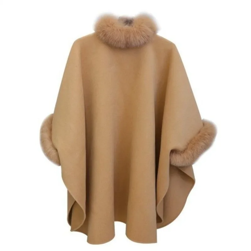 Coat Female Tide in Autumn and Winter Big Rabbit Fur Collar Medium and Long Woolen Coat Cape Shawl Hepburn Woolen Large Size2026