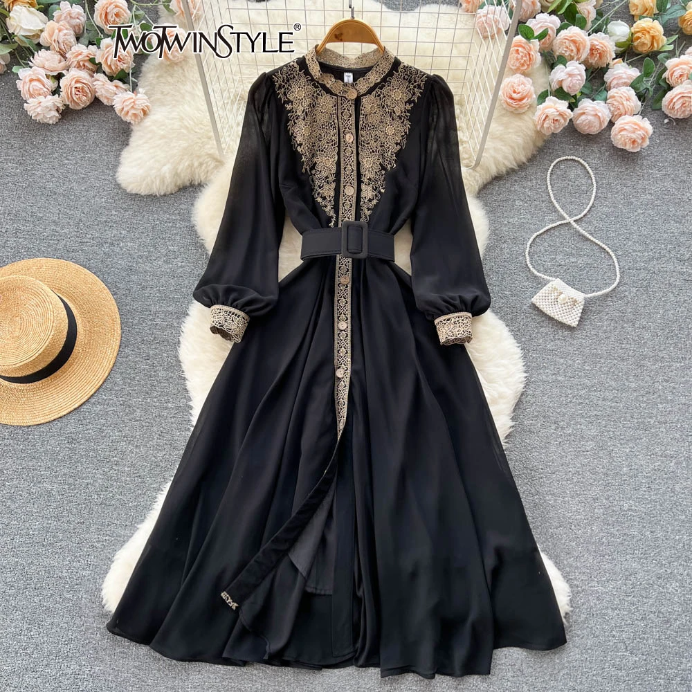 

TWOTWINSTYLE Spliced Lace Temperament Dresses For Women Round Neck Long Sleeve High Waist Patchwork Belt Dress Female KDR513341