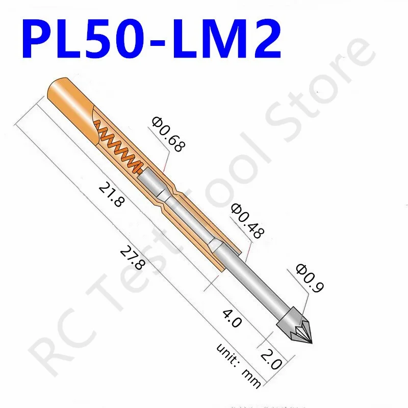 

100PCS PL50-LM2 Spring Test Pin PL50-LM Test Probe Copper Pogo Pin Metal Test Needle Test Tool 27.8mm Dia 0.68mm 0.90mm 0.48mm