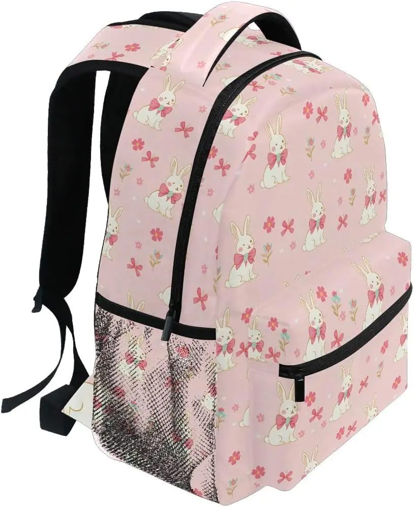 Pink Bunny Bow Print Backpack Cute Rabbit Floral Pattern School Bag Lightweight Casual Daypack For Students Travel Daily Use