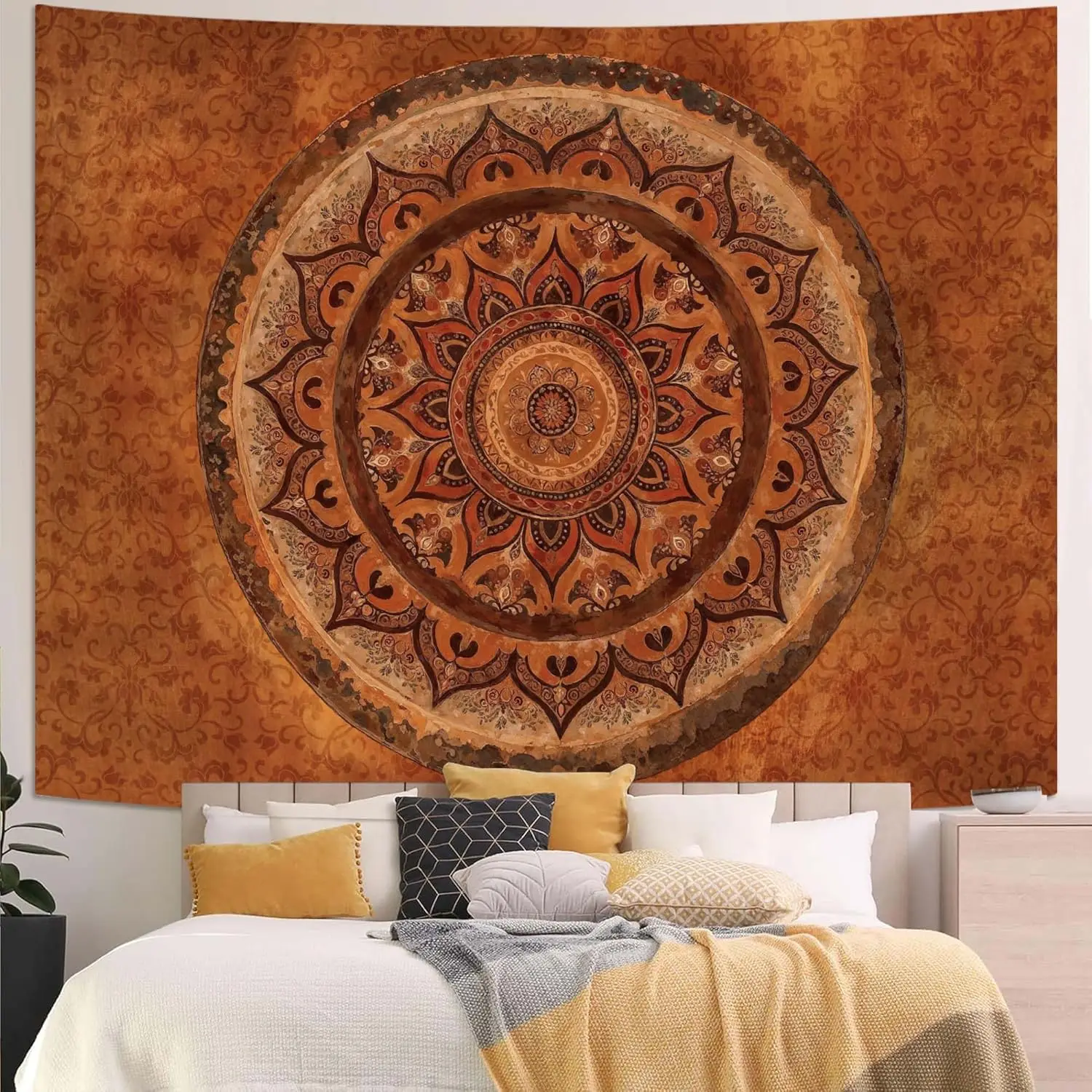Boho Mandala Tapestry Wall Hanging Hippie Bohemian Floral Medallion Indian Tapestry Aesthetic Wall Art Large Vintage Orange