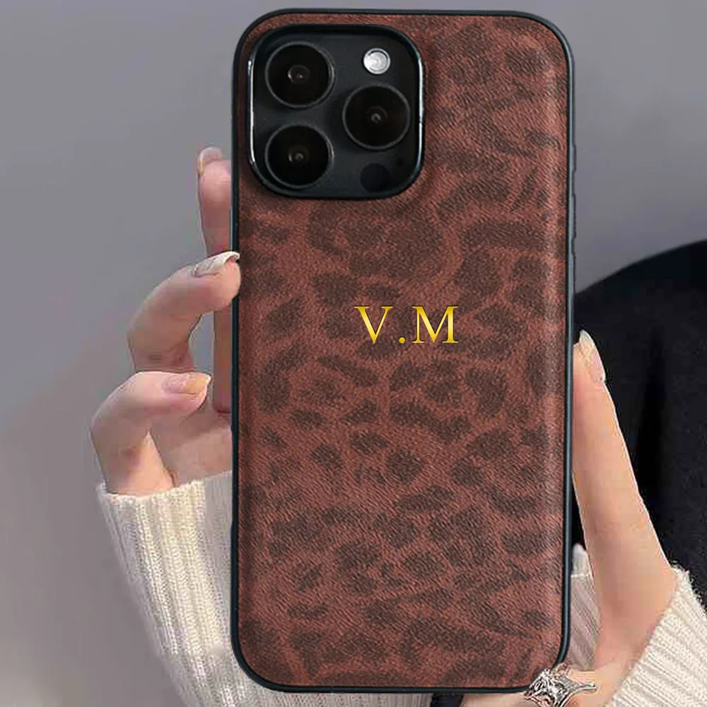 Personalized Customized Initials Name Leopard Print Case For iPhone 11 12 13 14 15 16 Pro Max Soft Luxury Leather Engraved Cover