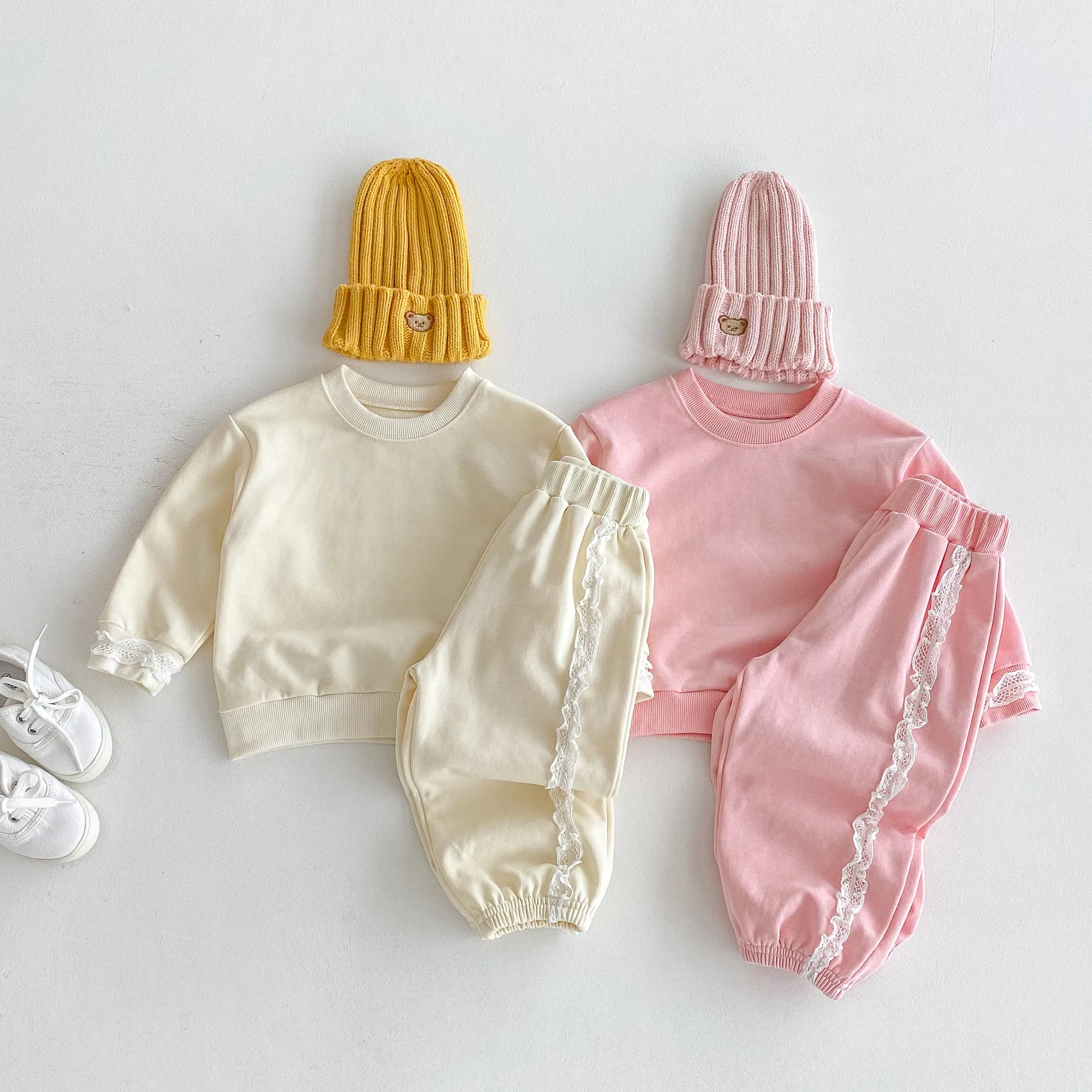 

2025 Autumn Korean Style Toddler Girl Outfit Princess Lace Top + Elastic Cuff Pants 2-Piece Set Casual Cute Cotton 1-8 Years