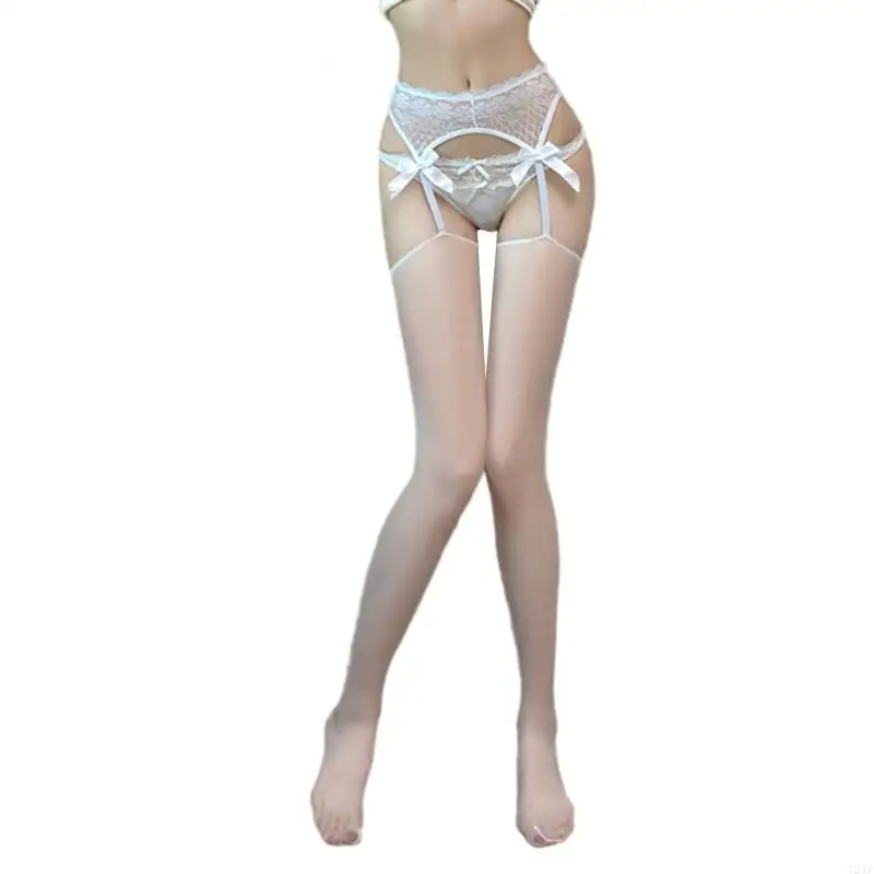 T21F transparentes hasta muslo para mujer, con tirantes, Top encaje, liguero