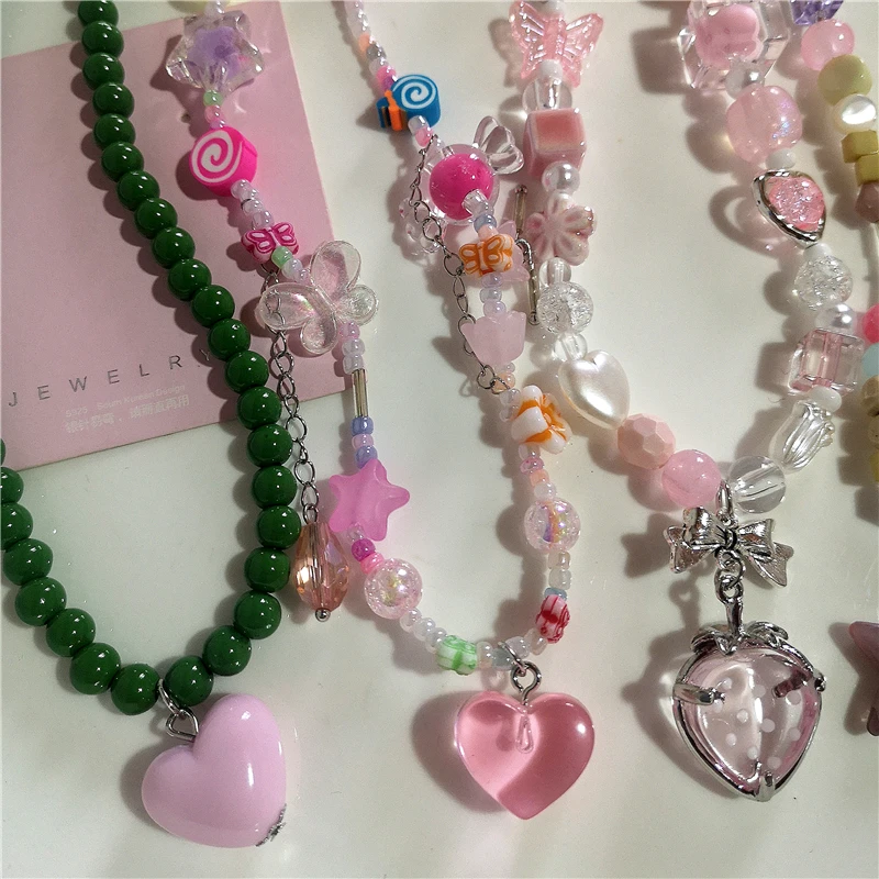 Y2K Goth Pink Cute Bowknot Love Strawberry Bead Necklace Neck Decoration Grunge EMO 2000s Aesthetic Scene Accessories For Girl
