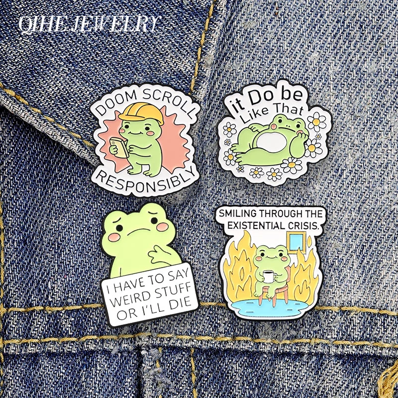 Smiling Through The Existential Crisis Badge Mental Health Depressed Frog Meme Enamel Pin Brooches Bag Lapel Badge Jewelry Gifts