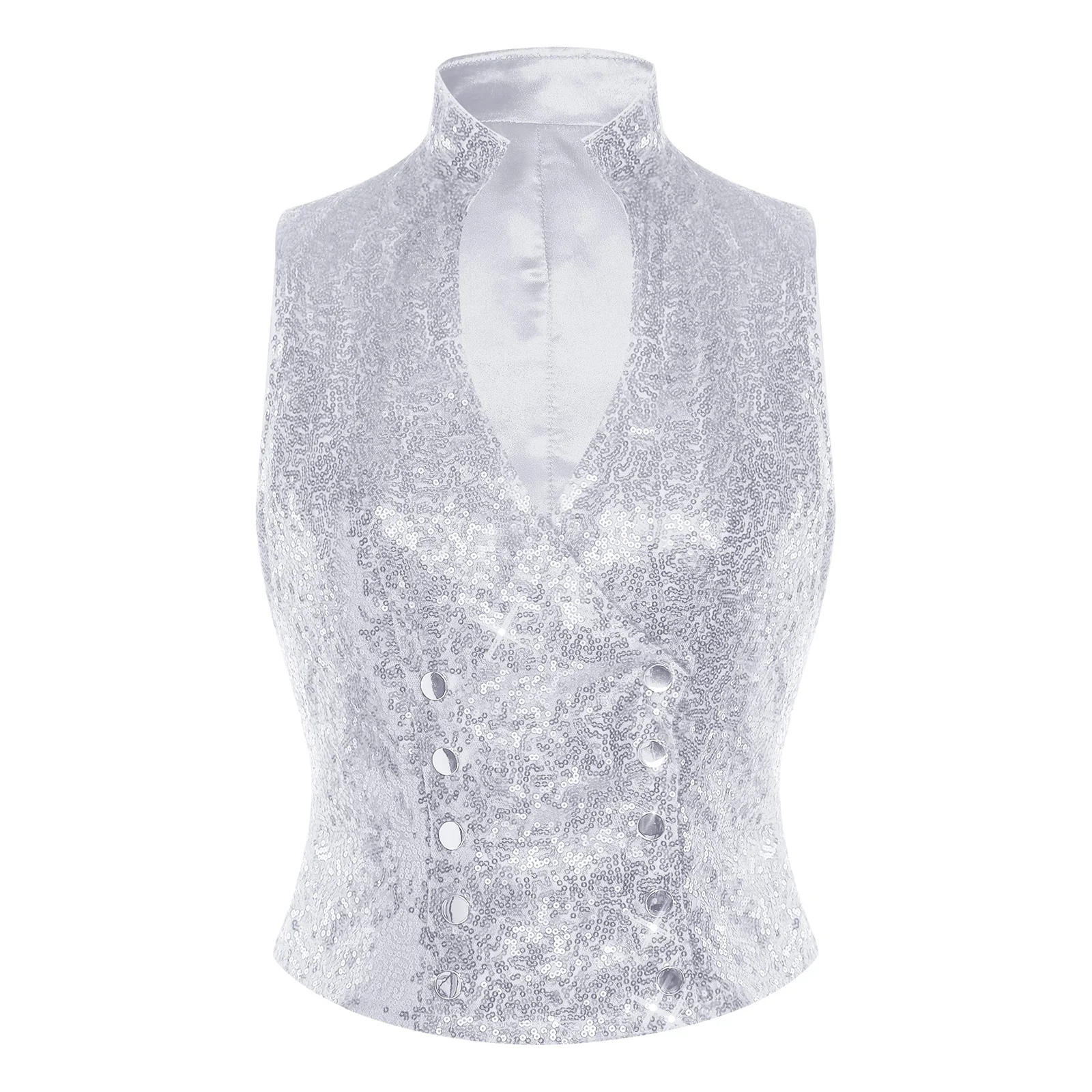 صدرية نسائية لامعة بدون أكمام ترتر ملابس خروج على شكل حرف V بدون أكمام سترة مزدوجة الصدر لزي حفلات الكوكتيل والديسكو #2