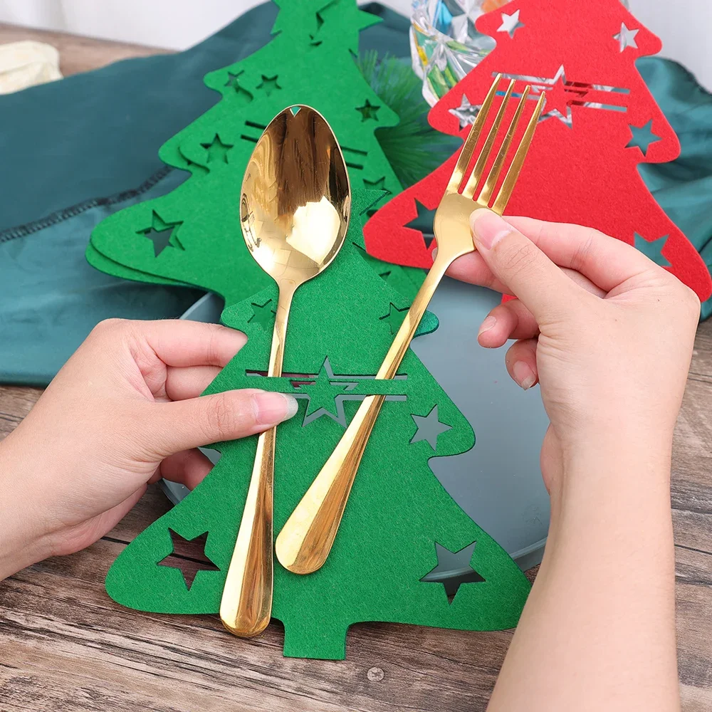 Soportes para cubiertos de árbol de Navidad, tenedor, cuchillo, bolsillo, vajilla, decoración, bolsas, Navidad, Año Nuevo, fiesta, cena, decoración de mesa, fieltro