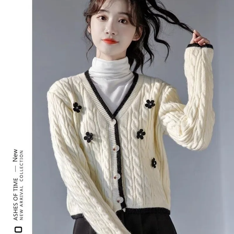 

Women's Clothing Knitted Cardigan 3D Floral Sweater Short Coat Design Autumn Winter New Lazy Jacket V-neck Single-breasted Tops
