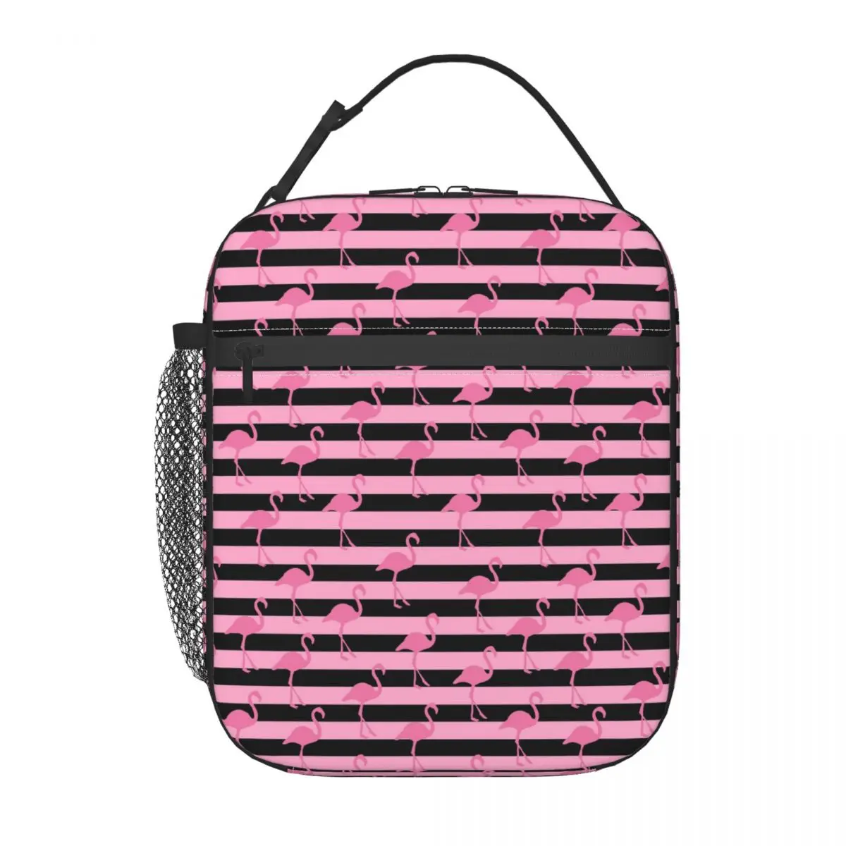 Black Striped And Cartoon Flamingo Insulated Lunch Bag for School Cooler Thermal Food Box Tote Leakproof Lunch Boxes Container