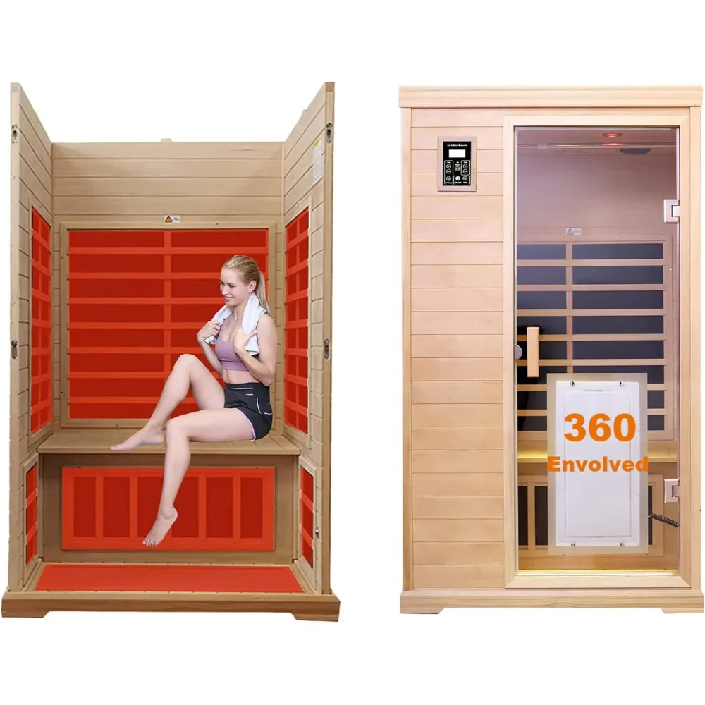 Wooden Sauna Room, 1-Person , with 1350W, 8 Low EMF Heaters, 10 Minutes Pre-Warm up, Time and Temp Pre-Set, 2 Bluetooth Speakers