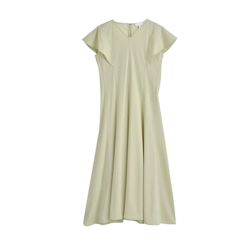 Zomer Nieuwe Dames Midi Dr Geplooide V-ne Stand pe Flng Sve 27284 Hoge Taille A-lijn Rok Polyestervezel