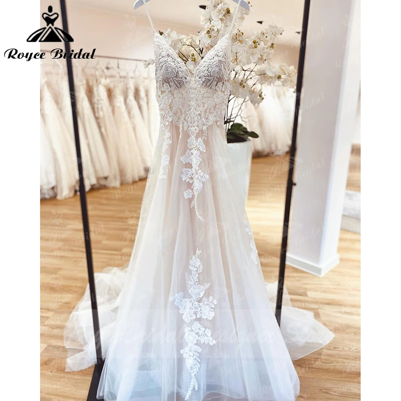 Vestido de novia bohemio personalizado, apliques de encaje, cuentas florales, espalda descubierta, tirantes finos, vestidos de novia, estido de noiva praiano 2025