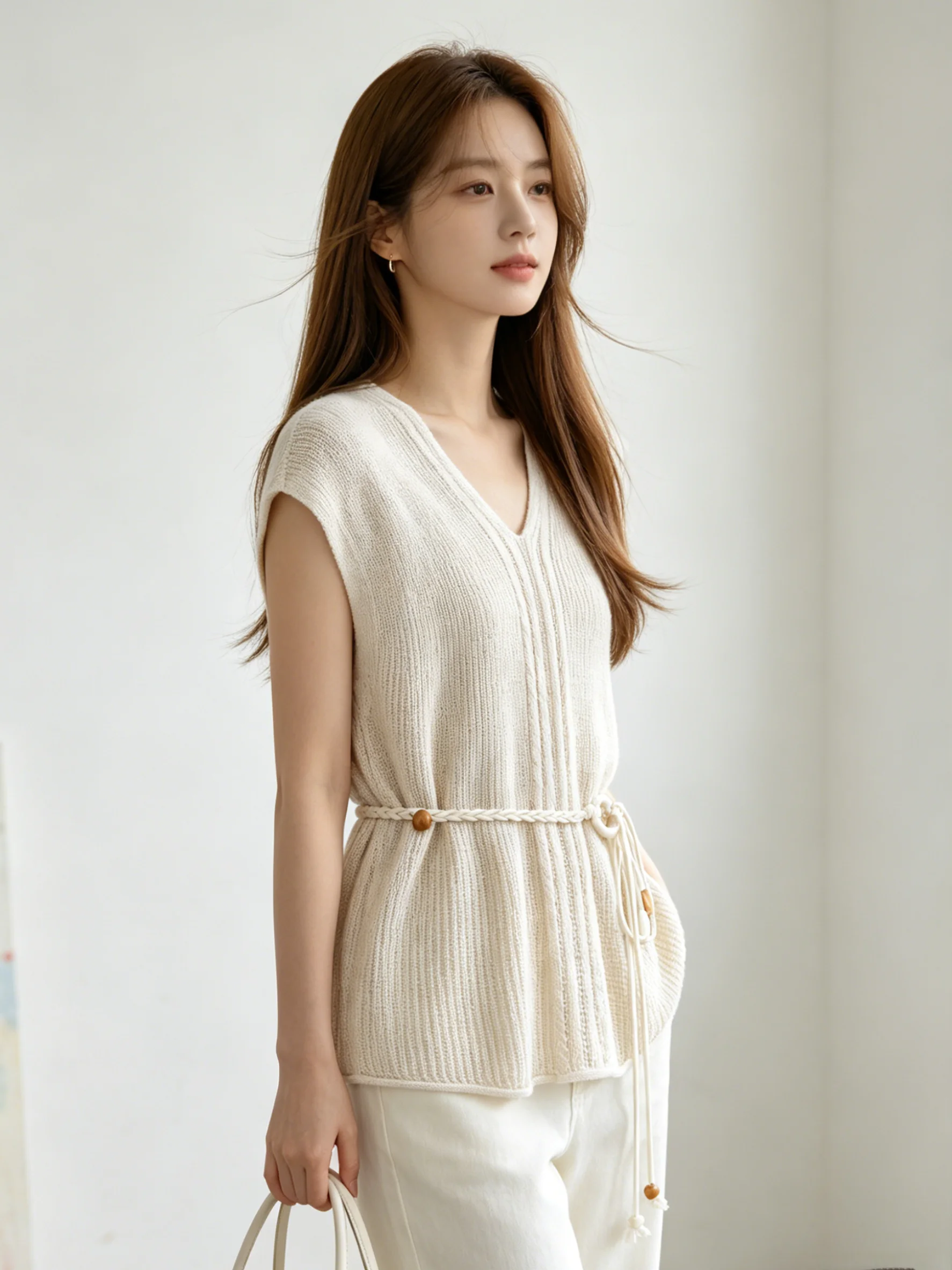 Korean Style Women's Knitted Vest Gentle Wind Simple V-neck Sleeveless Belted Slimming Summer New Fashion Waist-cinching Top