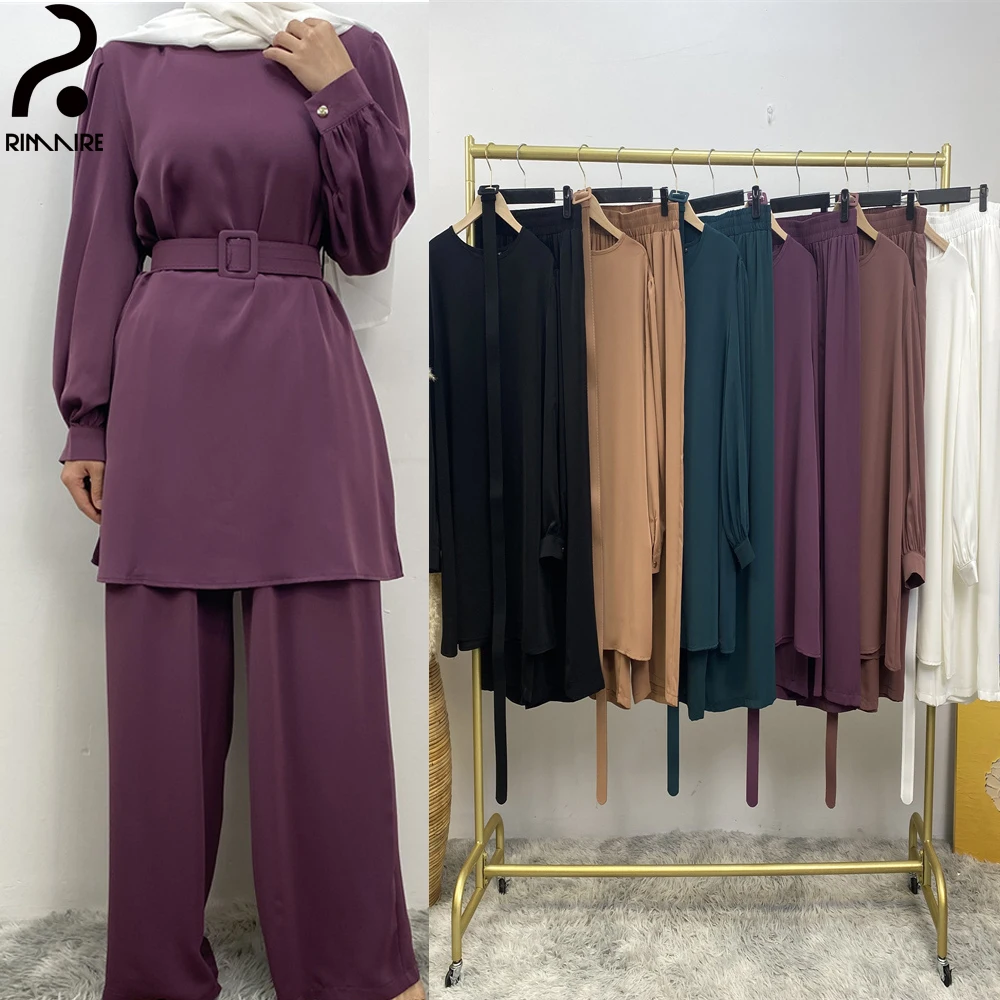 Elegant Muslim Blouse Pant Set Middle East Long Sleeves Casual Ladies Suits Islamic Slim Muslim Clothing Gift Wholesale RIMAIIRE