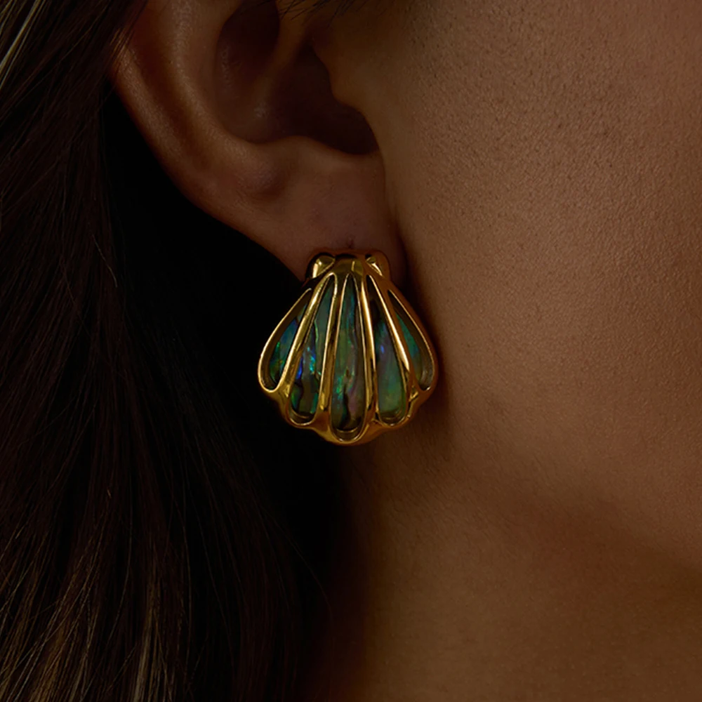 

AIKOER Holiday Ocean Shell Colored Abalone Shell Earrings 18K Gold Color Plated Stainless Steel Hollow Shell Earrings Women's Ac