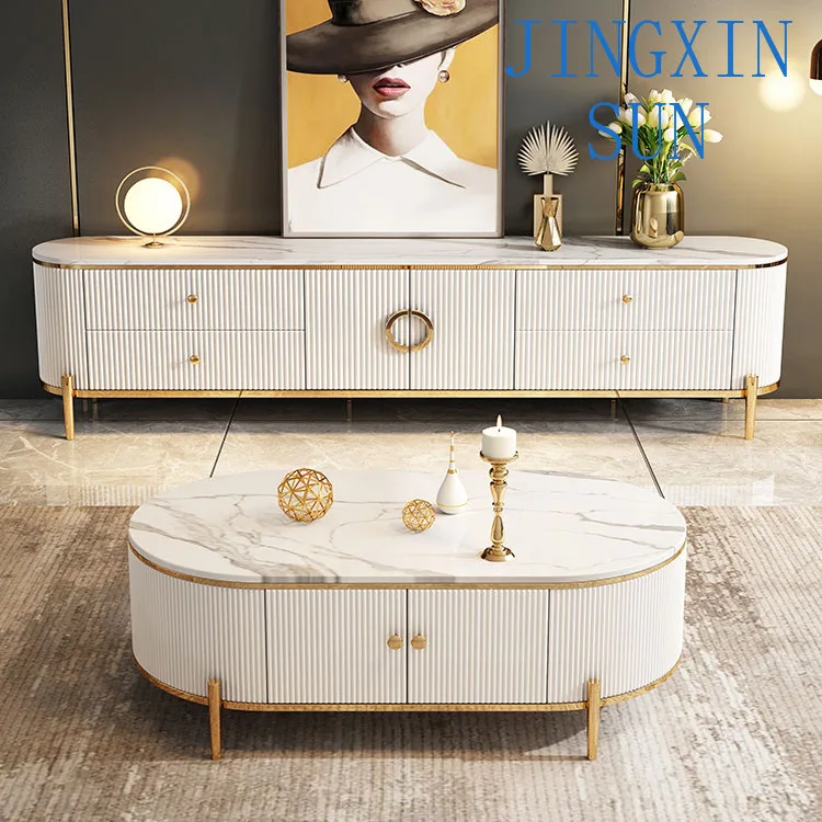 Light luxury TV cabinet oval coffee table combination post-modern extremely simple high-end rock slab stainless steel