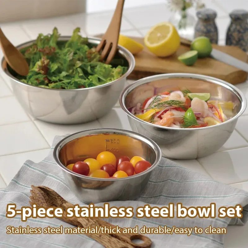 

Углубоченный и утолщенный набор салатников из нержавеющей стали с мерной шкалой — многофункциональная салатница из 5 предметов