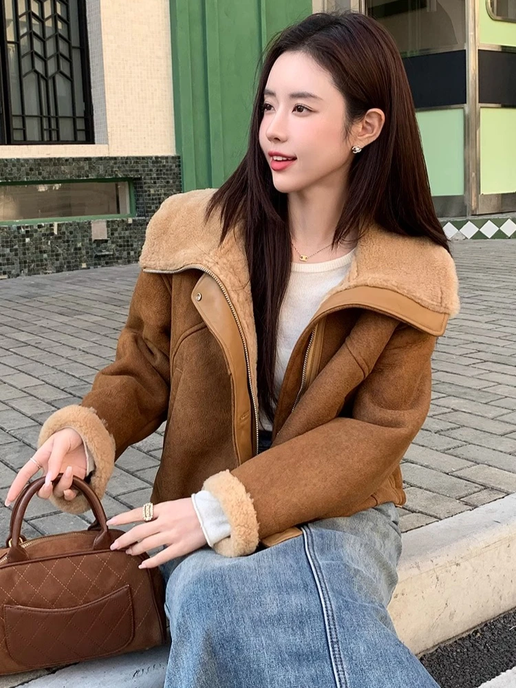 High-end Luxury Merino Sheep Fur Winter Suede Coats for Women Vintage Simple Short Real Fur Genuine Leather Motorcycle Jackets