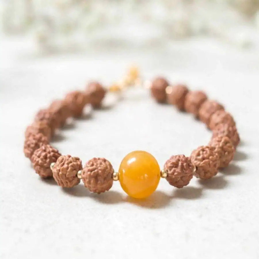 Pulsera de cuentas de Rudraksha natural para hombre, amuleto de ámbar amarillo, pulsera ajustable de 8 mm