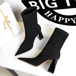 BIGTREE Autumn Winter Shoes Stretch Fabric Women Boots Pointed Toe Boots Thick Heel Women's Ankle Boots